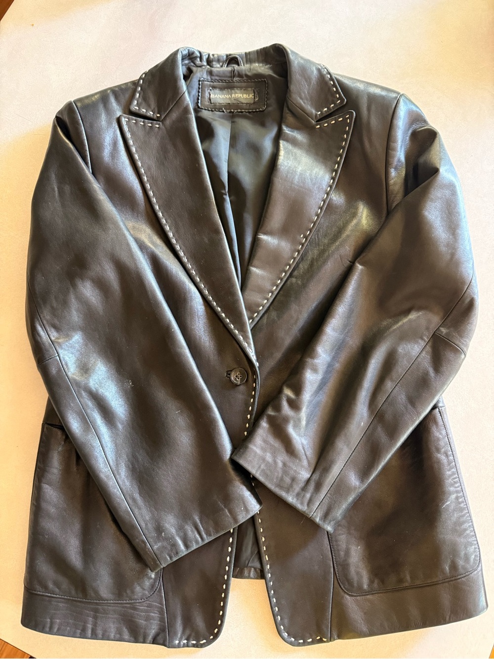 Banana Republic Black Leather Blazer with White Stitching